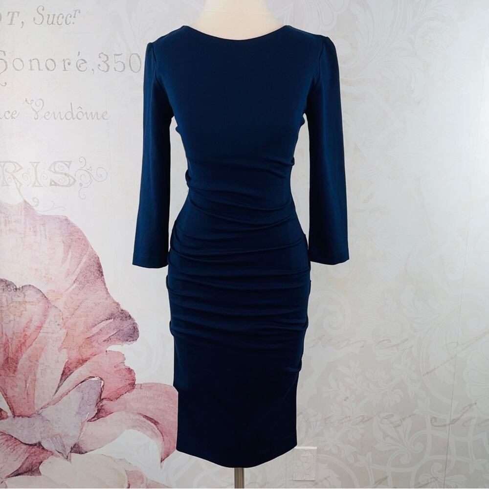 Nicole Miller Studio Navy Blue Sheath Ruched Knit Dress Size Small